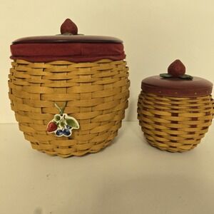 2pc Longaberger Large Small Strawberry Baskets Wood Lids Cannisters Red NEW